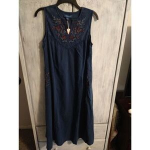 April Cornell Blue Maxi Dress with Embroidered Details